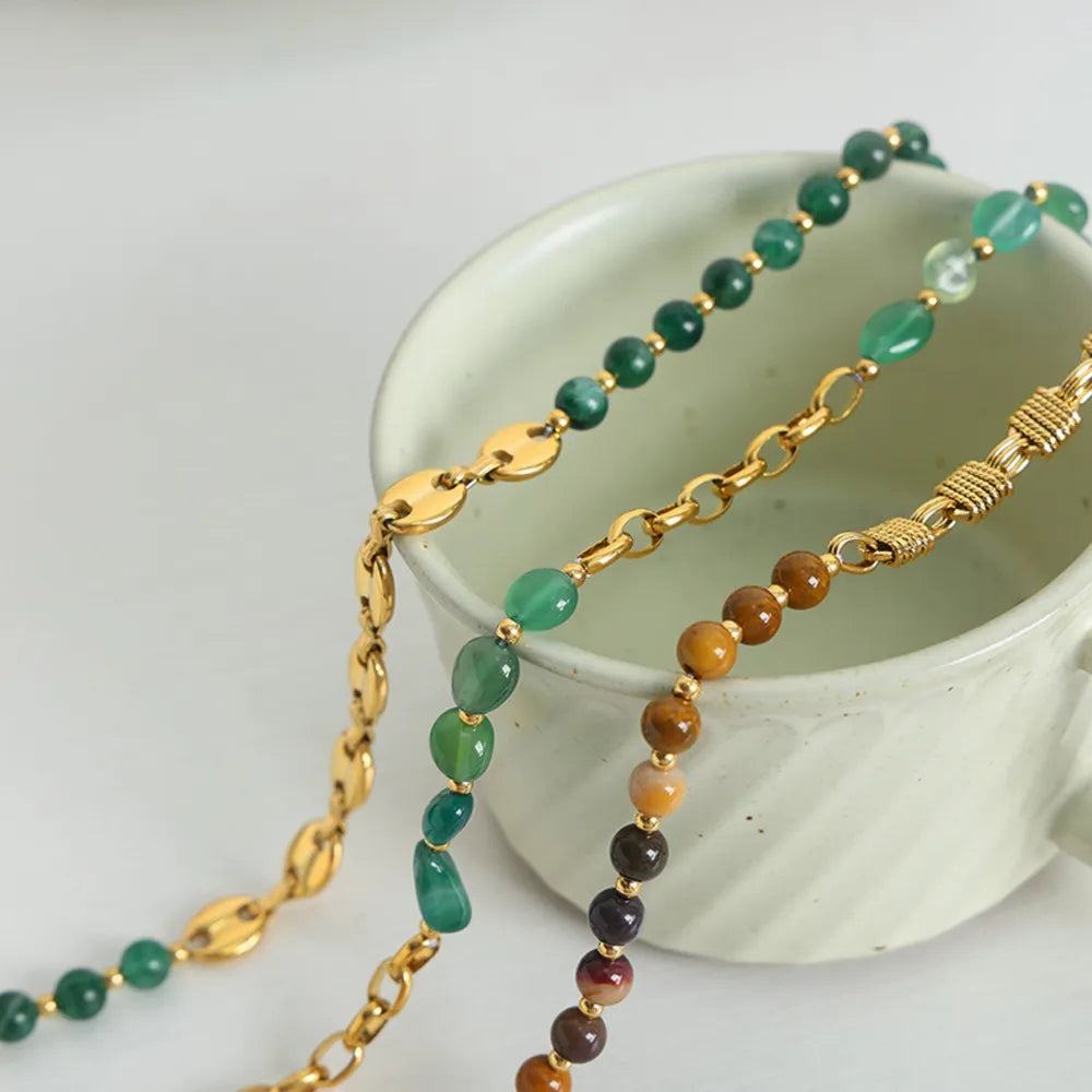 Agate bead chain design with titanium steel gold-plated necklace