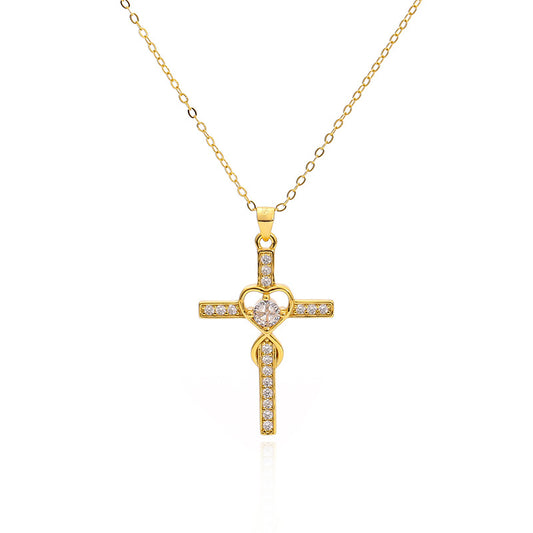 Creative 925 sterling silver heart-shaped cross necklace with fashionable simple and versatile accessories