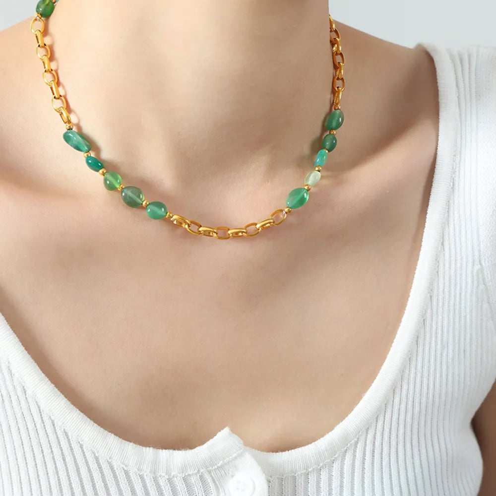 Agate bead chain design with titanium steel gold-plated necklace